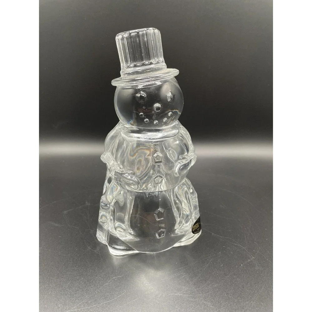 Vintage Snowman Christmas Votive Crystal Candle Holder Molded Glass